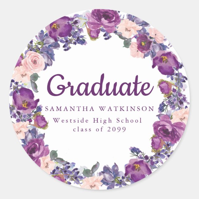 Rond Sticker pour graduation florale violet et rose (Devant)