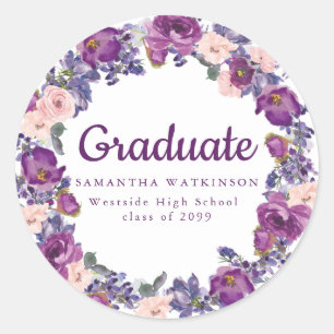 Rond Sticker pour graduation florale violet et rose
