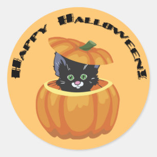 Rond Sticker pour Halloween Citrouille Black Kitty