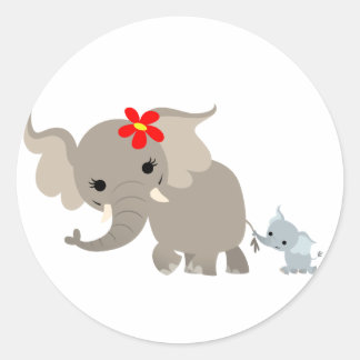 Rond Sticker pour la caricature Mother Elephant et Calf
