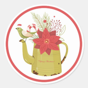 Rond Sticker pour oiseaux de Noël Vase Poinsettia
