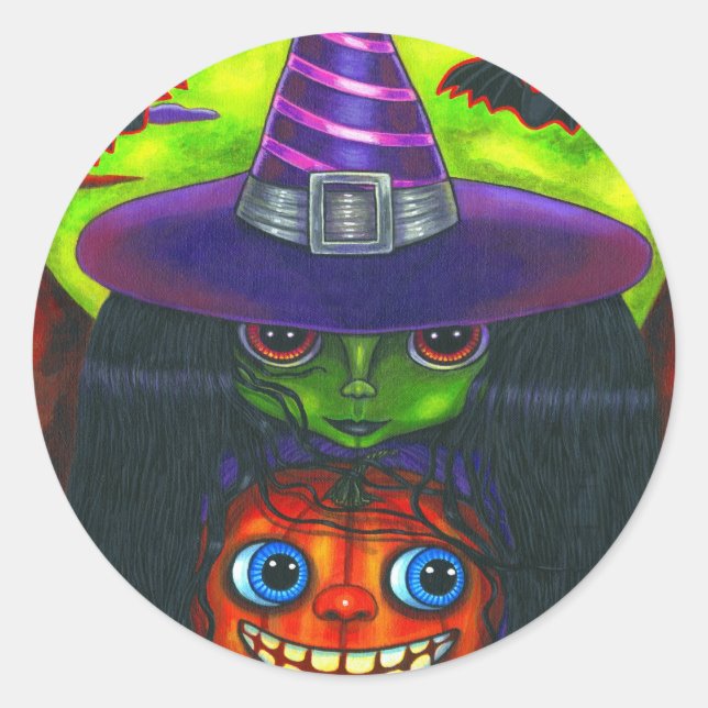 Rond Sticker pour sorcière Citrouille d'Halloween (Devant)