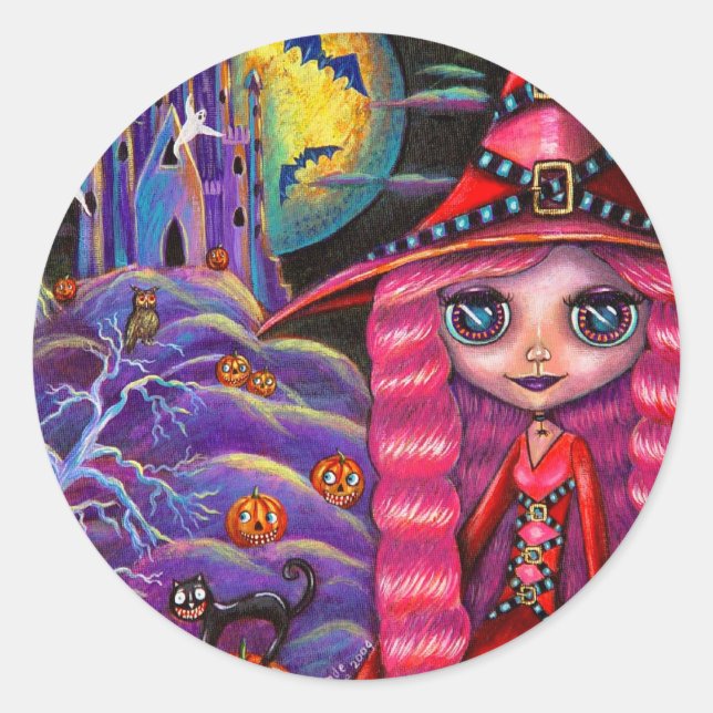 Rond Sticker pour sorcière Halloween rose (Devant)