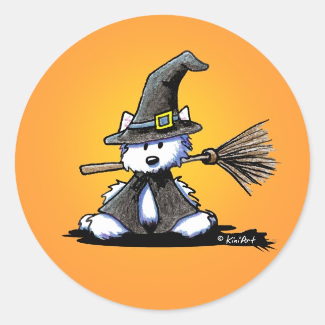 Rond Sticker pour sorcière Westie KiniArt Halloween (Devant)