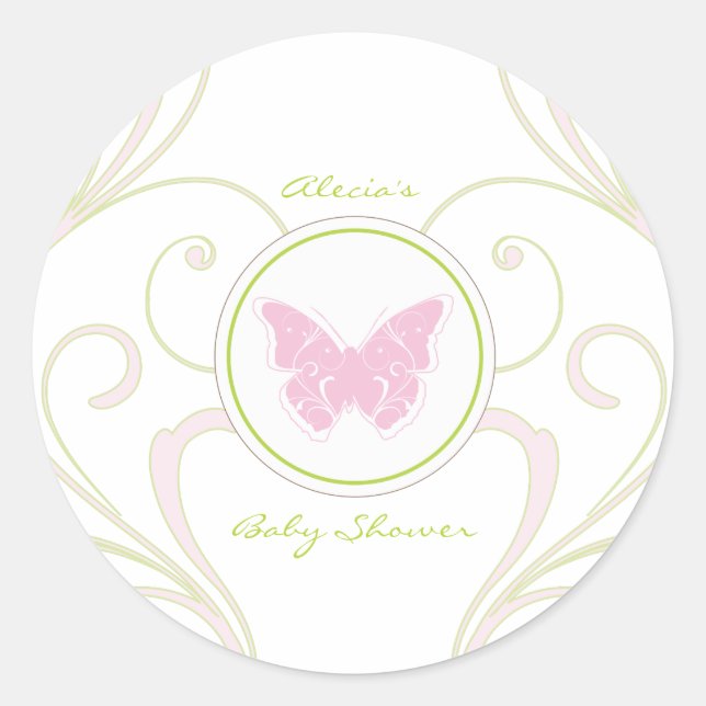Rond Sticker préféré Baby shower papillon rose (Devant)