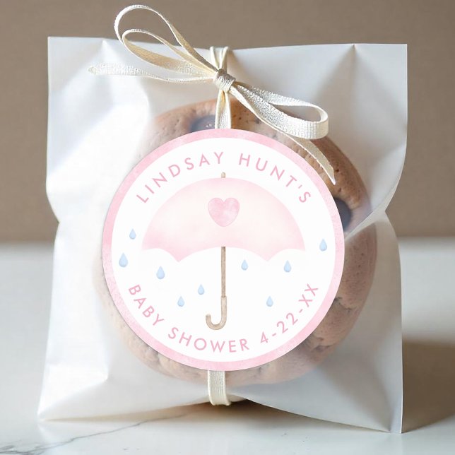 Rond Sticker préféré Baby shower parapluie rose (Pink Umbrella Baby Shower Favor Sticker)