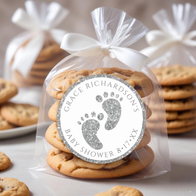 Rond Sticker préféré Baby shower Parties scintillant ar (Silver Glitter Baby Feet Favor Sticker)