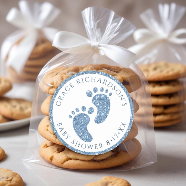 Rond Sticker préféré Baby shower Parties scintillant bl (Blue Glitter Footprint - Baby Shower Favor)