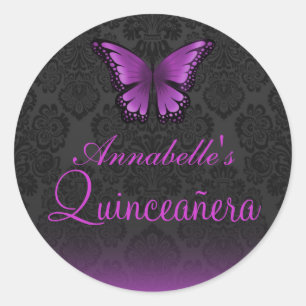 Rond Sticker Quinceañera à papillon pourpre et Damas