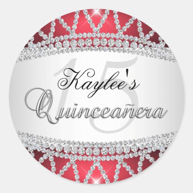Rond Sticker Quinceanera argent et diamant rouge (Devant)