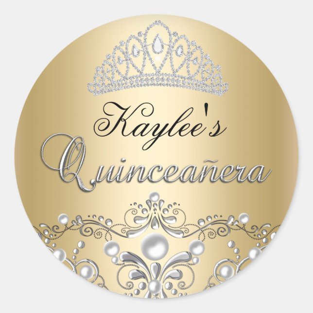 Rond Sticker Quinceanera argent & or Damask Pearl (Devant)