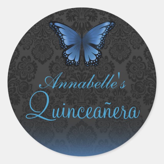 Rond Sticker Quinceañera Bleu Papillon & Damas (Devant)