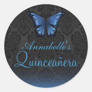 Rond Sticker Quinceañera Bleu Papillon & Damas