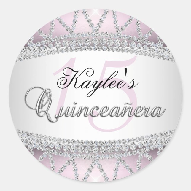Rond Sticker Quinceanera en argent et diamants roses (Devant)