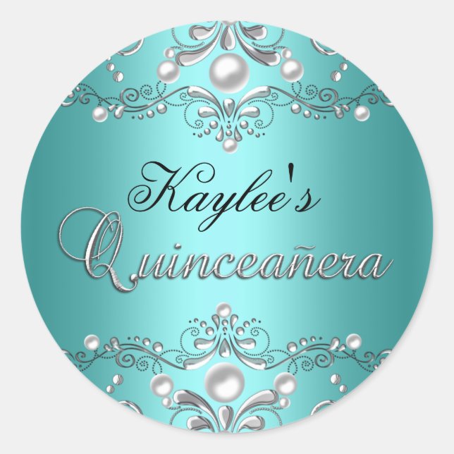 Rond Sticker Quinceanera en argent et Turquoise Damask  (Devant)