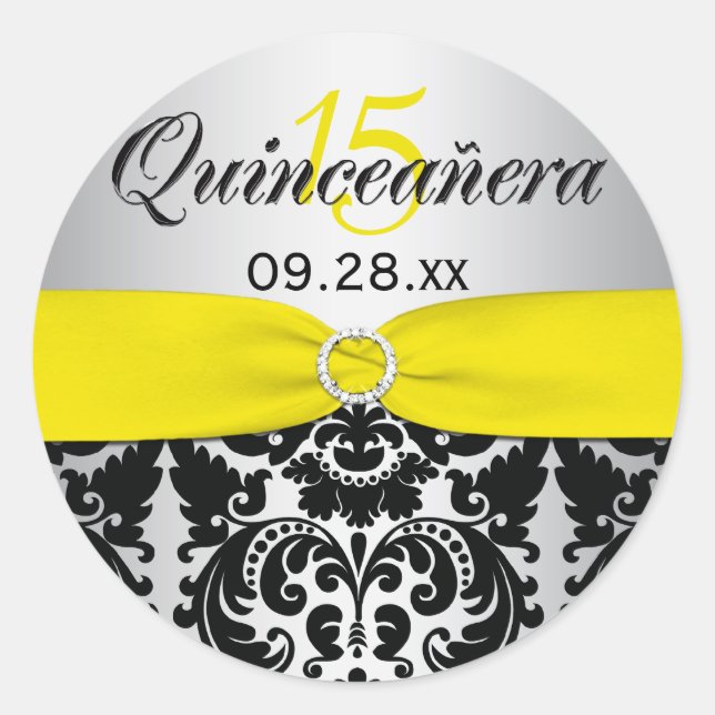 Rond Sticker Quinceanera Jaune, Argent, Noir (Devant)