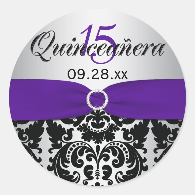 Rond Sticker Quinceanera pourpre, argenté, noir damassé (Devant)