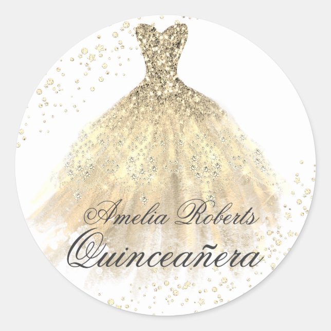 Rond Sticker Quinceanera Robe Étincelle Or (Devant)