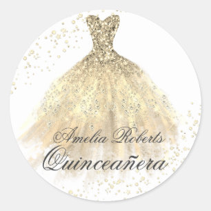 Rond Sticker Quinceanera Robe Étincelle Or