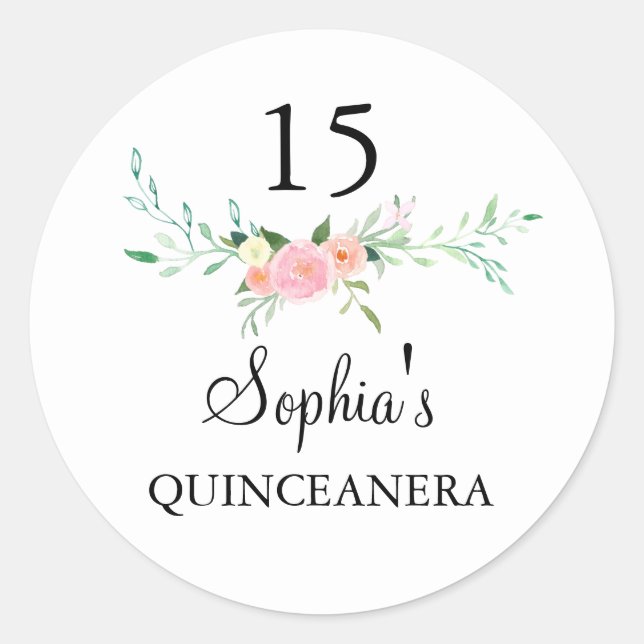 Rond Sticker Quinceanera Rose Floral Aquarelle (Devant)