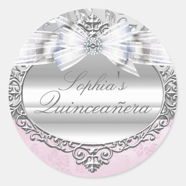 Rond Sticker Quinceanera Rose rose et argent (Devant)