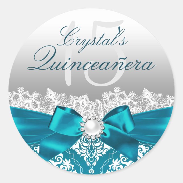 Rond Sticker Quinceanera turquoise Damask & Pearl Bow (Devant)