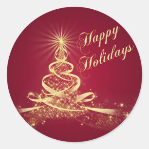 Rond Sticker Red, Gold Lighted Tree Joyeux Vacances