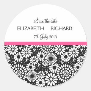 Rond Sticker Retro noir fleurs blanches 'Save the Date'