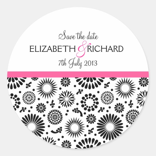 Rond Sticker Retro noir fleurs blanches 'Save the Date' (Devant)