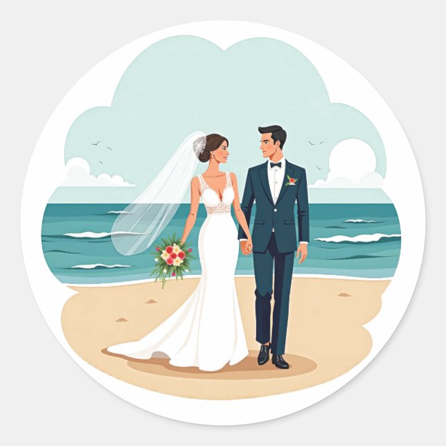 Rond Sticker Romance Mariage Plage (Devant)