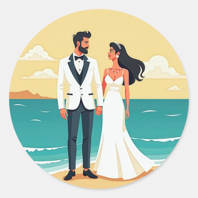 Rond Sticker Romance Mariage Plage (Devant)