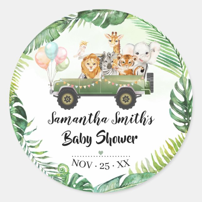 Rond Sticker ronde Baby shower tropical Safari Animaux (Devant)