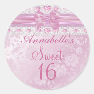 Rond Sticker rose Fleur & Bow Sweet 16