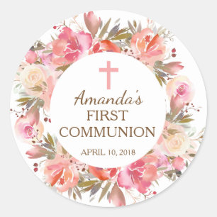 Rond Sticker rose Floral First Holy Communion
