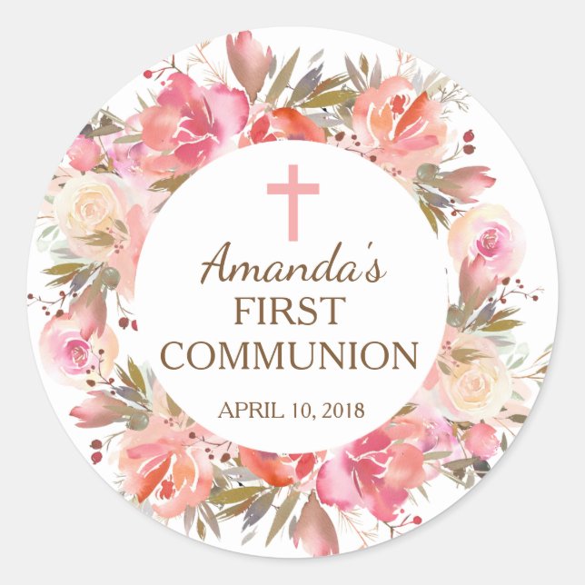 Rond Sticker rose Floral First Holy Communion (Devant)