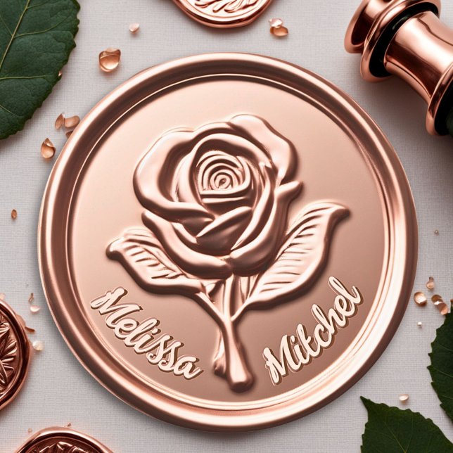 Rond Sticker Rose Gold Faux Wax Flower Seal (Luxury Rose Gold Wax Flower Wedding Envelope Seal 1)