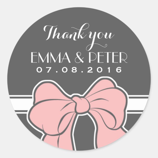 Rond Sticker rose Gris Blanc Ribbon Bow Mariage Faveur (Devant)