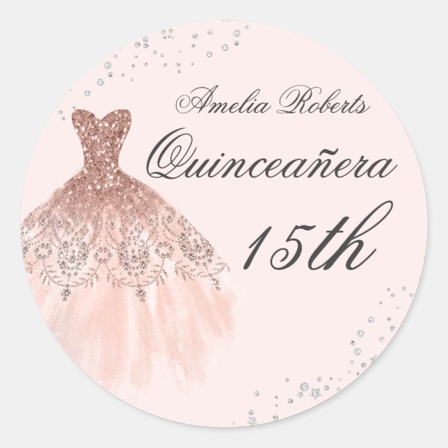 Rond Sticker Rose Robe étincelante or Quinceanera (Devant)