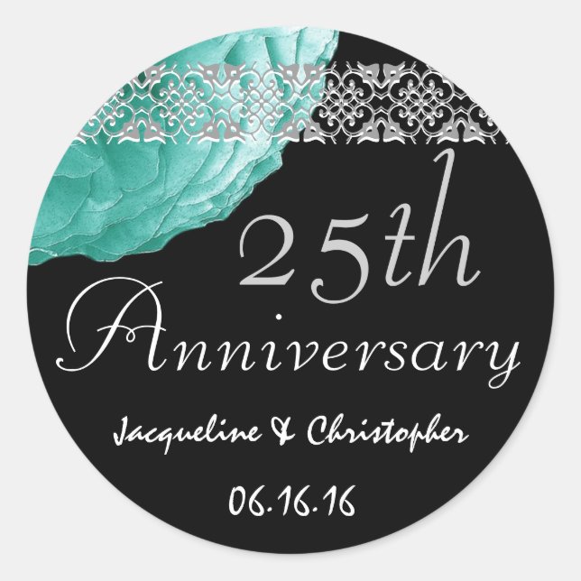 Rond Sticker Rose TURQUOISE en ARGENT NOIR du 25e anniv (Devant)