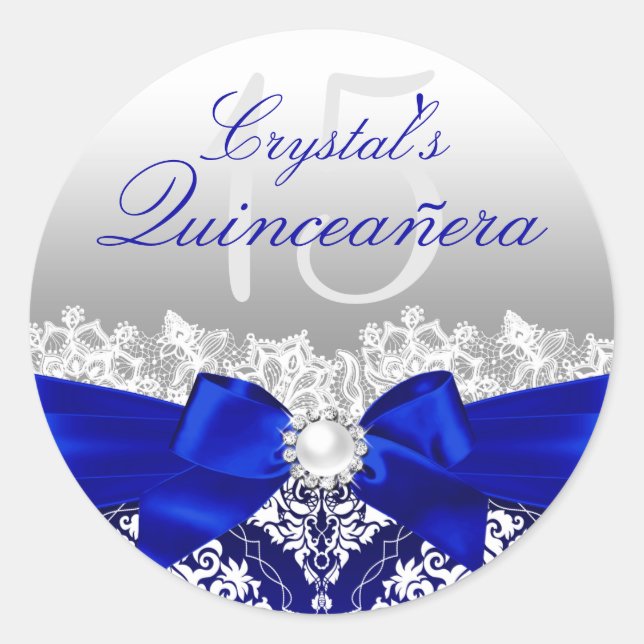 Rond Sticker Royal Blue Damask & Pearl Bow Quinceanera (Devant)