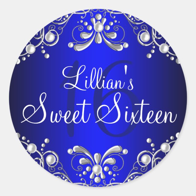 Rond Sticker Royal Blue Silver Pearl Damask Sweet 16 (Devant)