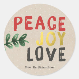 Rond Sticker Rustic Gold Peace Joy and Love Christmas