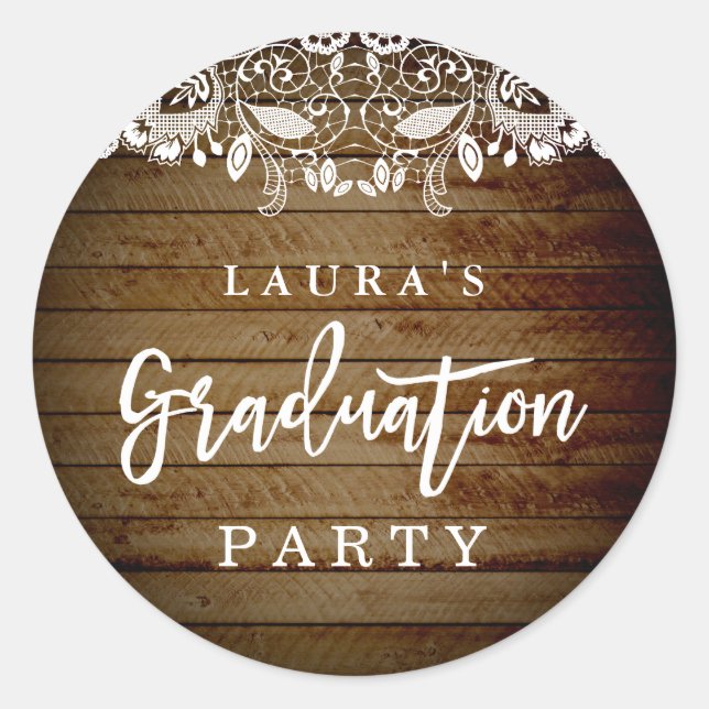 Rond Sticker Rustic Lace Wood Graduation Party (Devant)