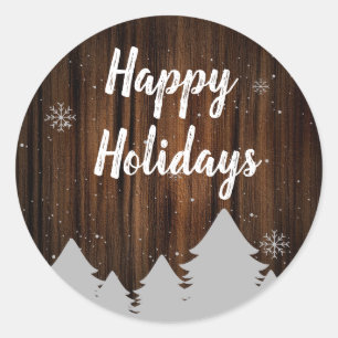 Rond Sticker Rustic Wood Happy Holidays