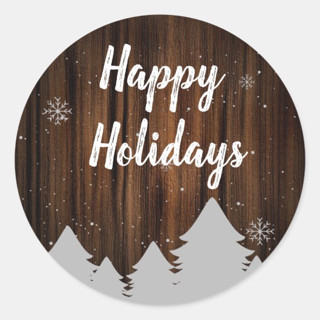 Rond Sticker Rustic Wood Happy Holidays (Devant)