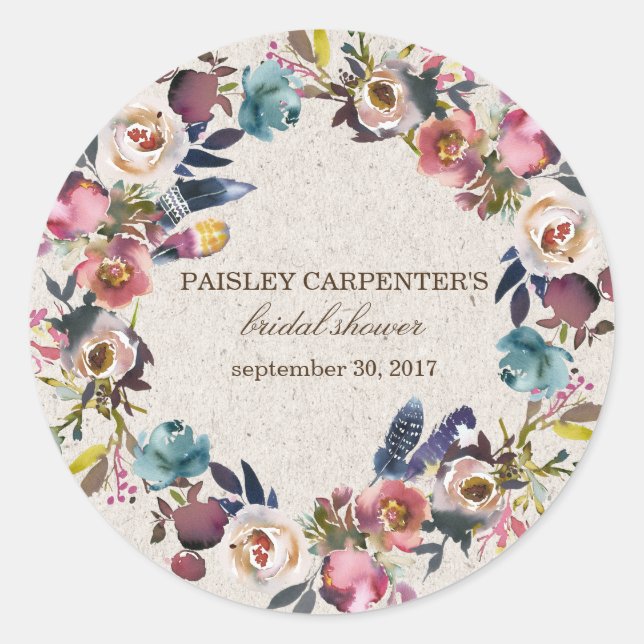 Rond Sticker Rustique Boho Floral Feather, Favoriser (Devant)
