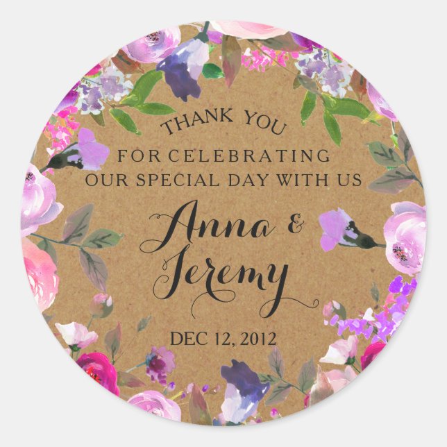 Rond Sticker Rustique Kraft Papier Violet Floral Mariag (Devant)