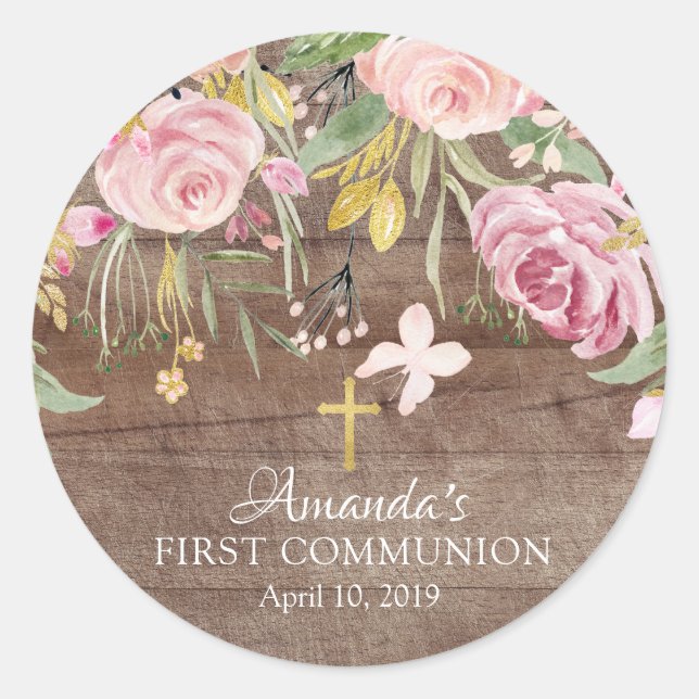 Rond Sticker Rustique Rose Floral First Holy Communion (Devant)