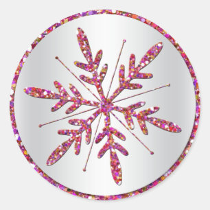 Rond Sticker Snowflake rose, Parties scintillant argent