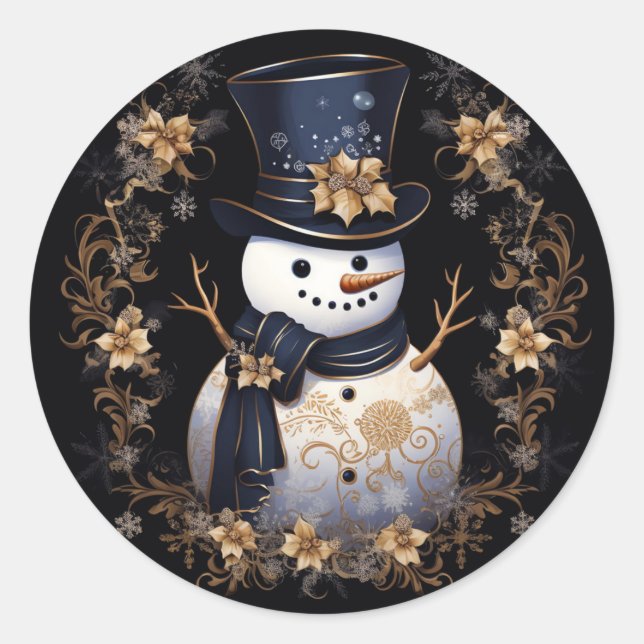 Rond Sticker Snowman Gold Flowers (Devant)